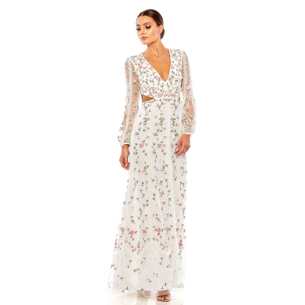 Mac Duggal Long Sleeve Embellished Cut Out A-Line Gown Color Ivory Mul